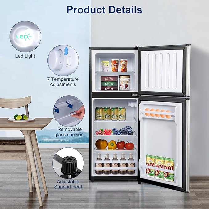 4.8 Cu. Ft. Fridge with Freezer, 2-Door Mini Fridge with Freezer, Adjustable Thermostat Small Refrigerator, Dorm Refrigerator for Apartment, Office, Kitchen, Silver