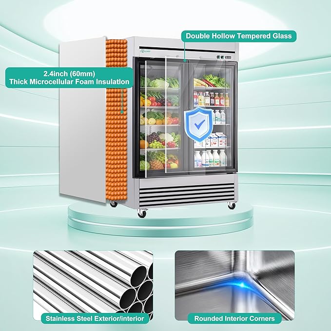 COOLCHEF 54" Commercial Glass Door Refrigerator, 49 Cu.Ft Double-Door Reach-In Cooler, 33–40℉, Double-Layer Low-E Glass, 8 Shelves, R290