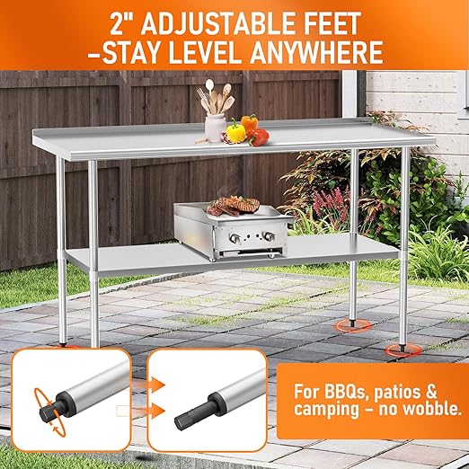 HOCCOT Stainless Steel Table 30" x 60" with Adjustable Undershelf and Backsplash, Commercial Metal Workstations for Kitchen, Garage, Outdoor BBQ