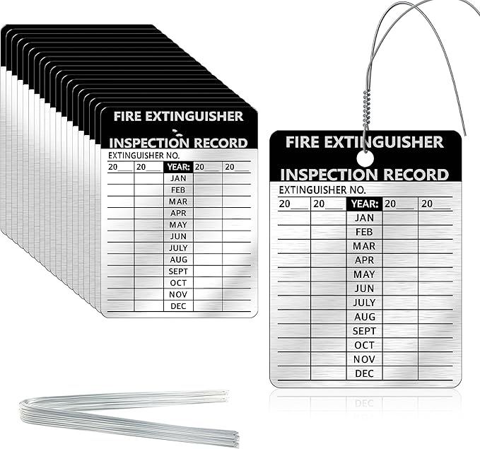 25 Pcs Waterproof Fire Extinguisher Inspection Tags Metal with Wires 2.3 x 3 Inch Durable Metal Fire Tags for Monthly Fire Safety Check Indoor Outdoor Use Weather Resistant Writeable Surface (25)