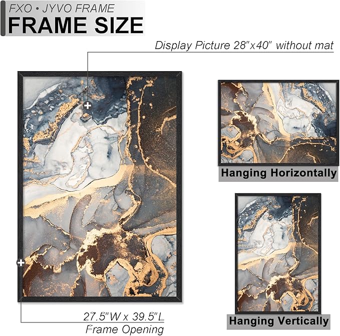 Engineered Wood 28 x 40 Frame Set of 2, Black Picture Frame for 28x40 Inch Poster Puzzle Photo, Light Weight 28by40 Poster Frame with Wood-grain for Wall - 2 Pack/Black/28 x40