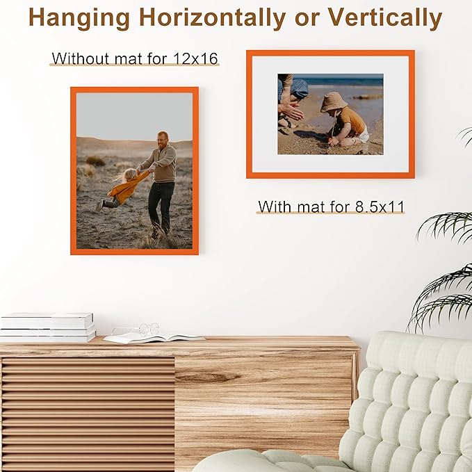 Vittanly 12x16 Picture Frame, Solid Wood Frame with Plexiglass, Includes 8.5x11 Mat, Wall Hanging for Photos, Home Decor, Orange, 1 Pack