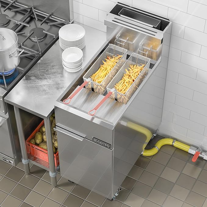 EGGKITPO 50lb. Commercial Gas Deep Fryer 4 Tubes Liquid Propane Gas Fryer CSA Certified Adjustable Thermostat 200℉-400℉ Floor Standing Fryer with 2 Baskets for Restaurant and Kitchen 120,000 BTU/h