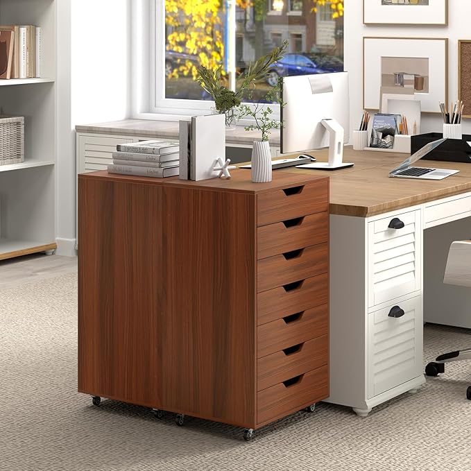 7 Drawer File Cabinet, Mobile Filing Cabinet w/Universal Wheels, Wood Printer Stand with Storage, Rolling File Cabinets for Home Office, Living Room, Bedroom (Walnut, 7 Drawers)