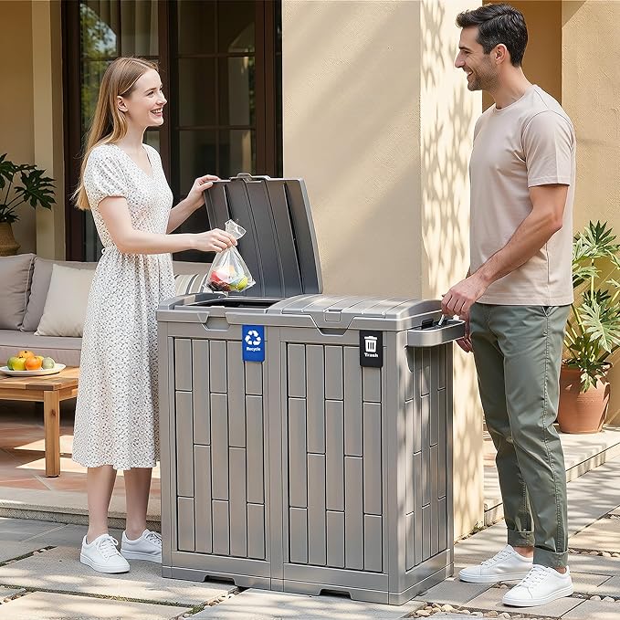 DWVO 76 Gallon Outdoor Trash Can, Dual-Compartment Resin Garbage Bin with Lid, Includes 2 Sorting Labels, Ash Holder, Stakes & Suction Cups, Hideaway Storage for Patio Backyard Garden, Light Brown