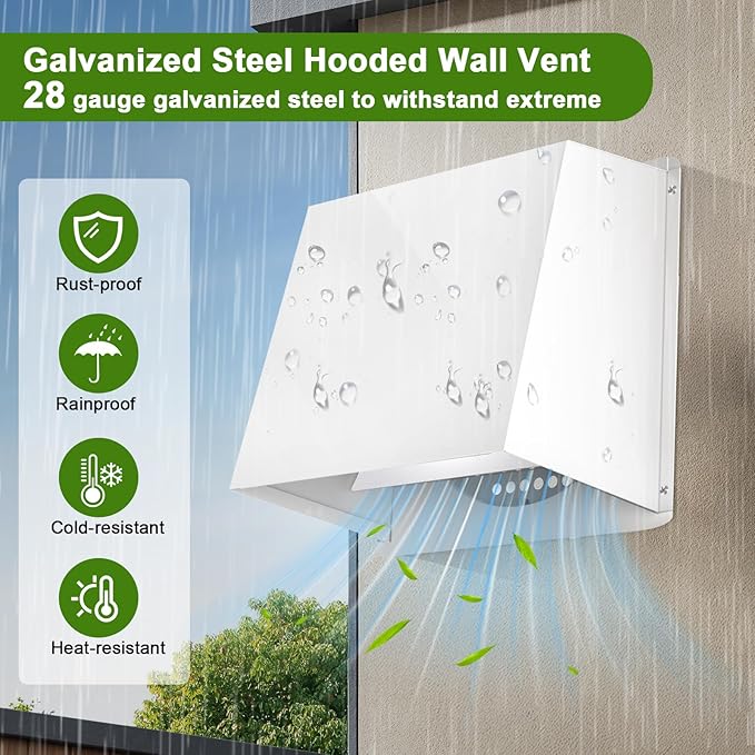 8 Inch Hooded Wall Vent, Dryer Wall Vent Cover Outside with Screen & Damper, Hooded Wall Exhaust Vent Cover, Outdoor Air Vent Cap for Range Hoods/Kitchen/Bathroom/Laundry/Basements/Garages, White