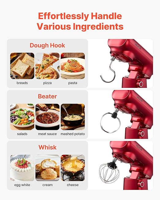 VEVOR Stand Mixer, 3 QT Electric Kitchen Mixer, 300W Dough-Mixer, 10 Speeds Tilt-head Food-Mixer with Stainless Steel Bowl, Dough Hook, Whisk, Beater, for Baking, Mixing, Whipping & Kneading, Red
