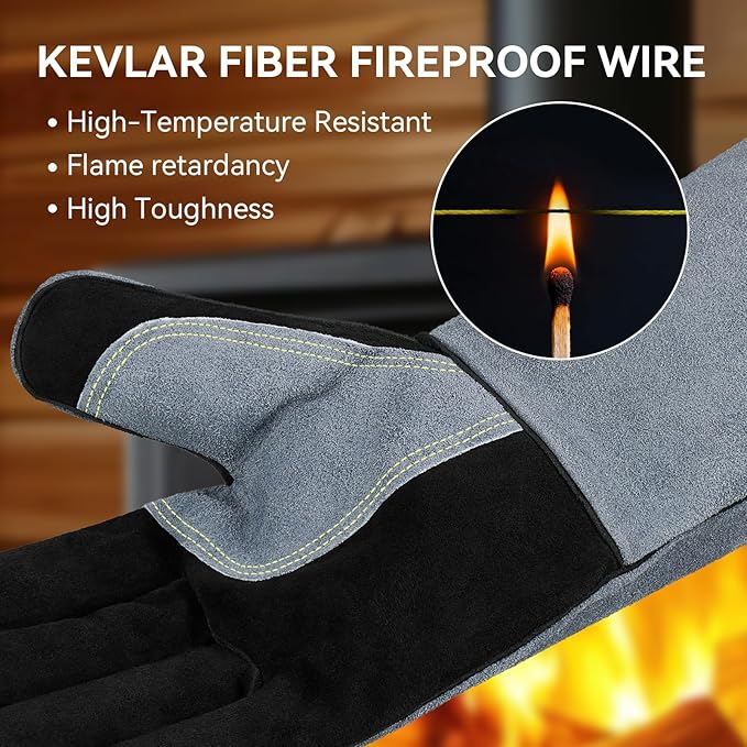 OZERO 932°F Heat Resistant Welding Gloves 16 inches Cowhide Leather - Long Sleeve and Insulated Lining BBQ Glove for Tig Welder/Mig/Grill/Barbecue/Stove Black-gray