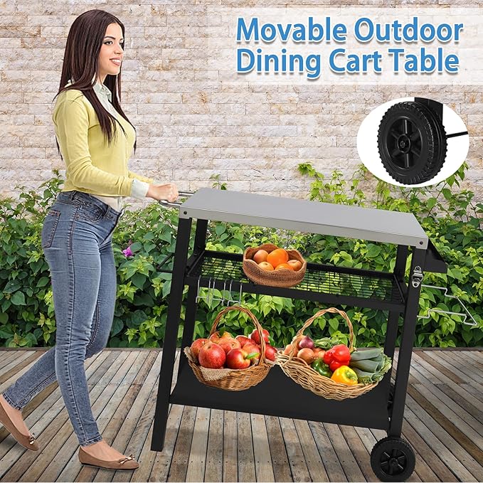 ROVSUN Gourmet Rolling Grill Cart Table with Double-Shelf, Stainless Steel Tabletop, Hooks, Side Handle, Pizza Oven Cart for Camping, Party, Tailgating, and Outdoor Cooking, Portable, Black and Silver