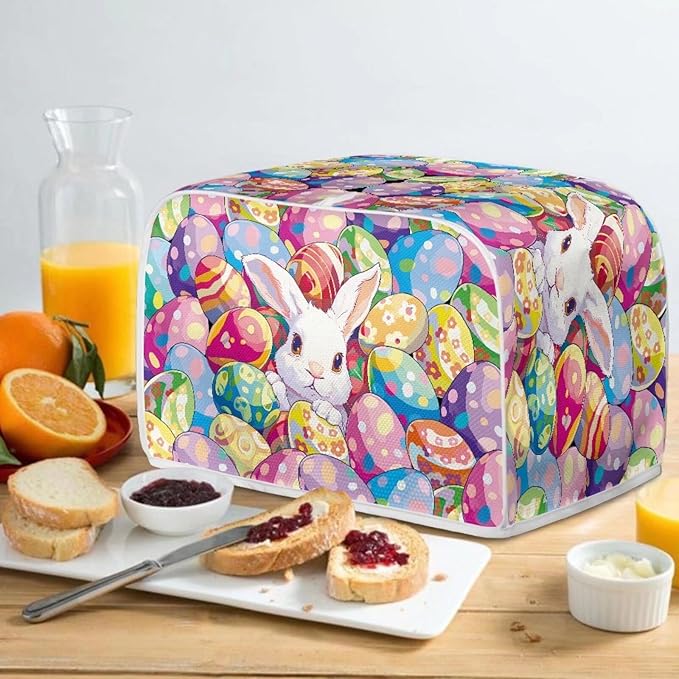 UNICEU Easter Colorful Eggs Cute Rabbit 2 Slice Quilted Toasters Cover, Dust-proof Toasters Cover Bread Maker Cover Kitchen Small Appliance Dust Cover
