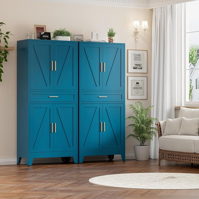 Metal Storage Cabinet with Drawer, 71" Tall Storage Cabinets with Adjustable Shelves,Blue Farmhouse Freestanding Kitchen Pantry Cabinet for Dining Room, Living Room