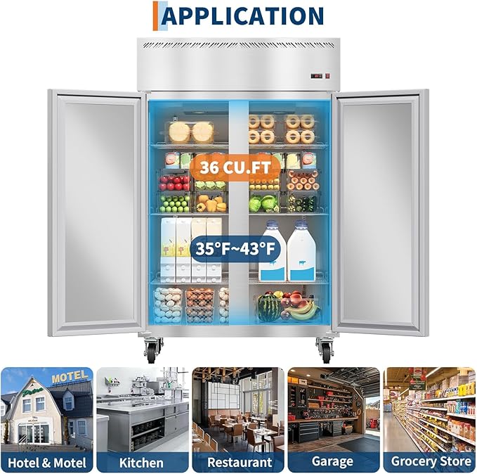48" Commercial Refrigerator Freezer Combo, 36 Cu.ft Upright Freezer, Stainless Steel Beverage Cooler, 2-Door Commercial Refrigerator Freezer, Fan Cooling, Auto Defrost, 6 Shelves for Restaurant Shop