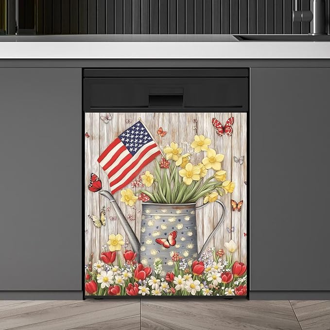 Patriotic American Flag Dishwasher Magnet Cover,Pastoral Flowers Butterfly Magnetic Dishwasher Cover Vinyl Sticker,Fridge Door Cover Magnets Art Skin Panel Decal,Home Decor Decal,23"X26"