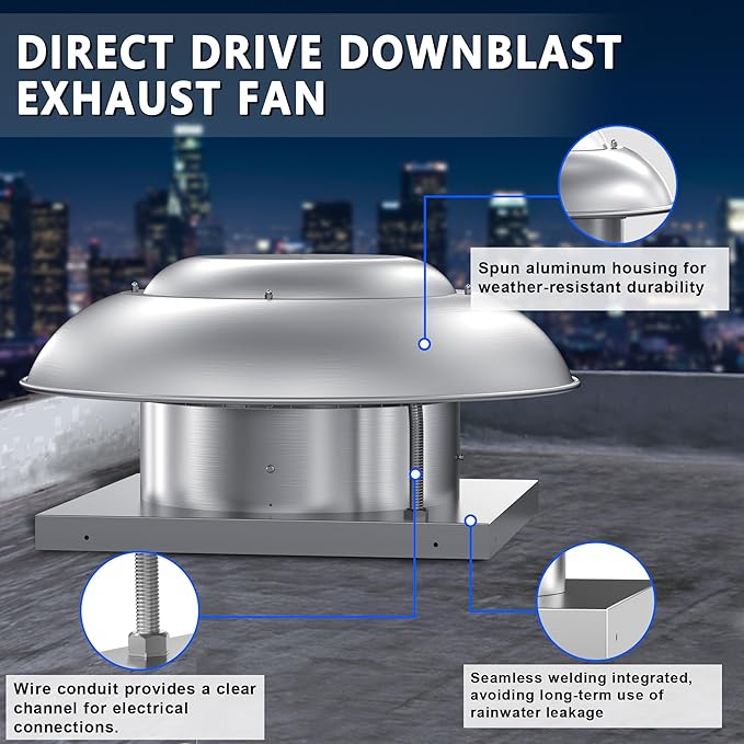 Roof Mounted Exhaust Fan Direct Drive Axial Downblast Exhaust Fan -26" Fan Base, 1/3 HP 2400 CFM 115 Volt Single Phase Motor