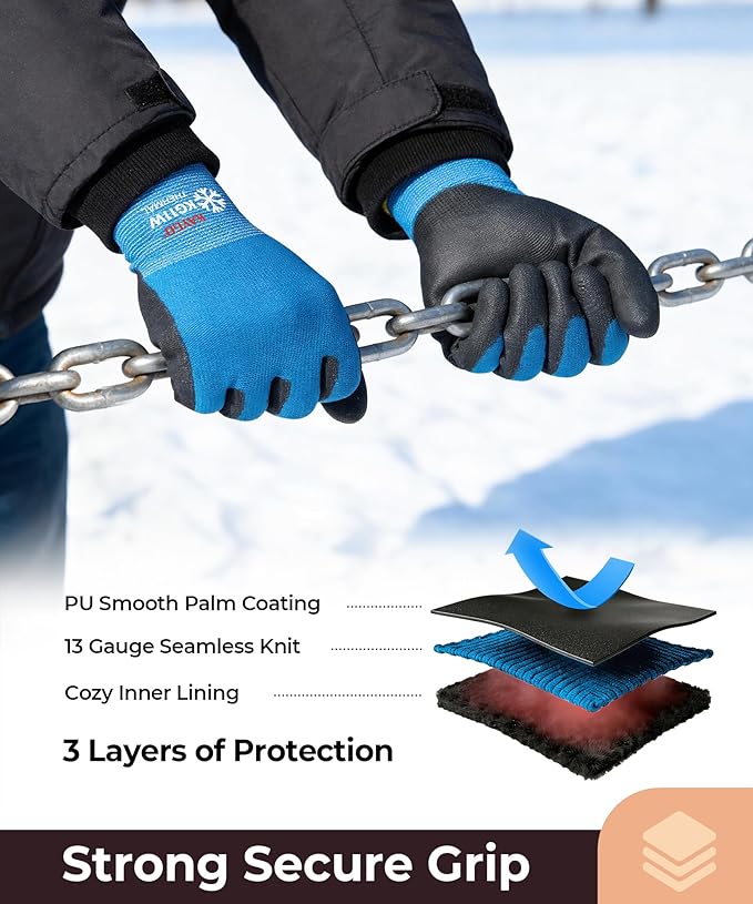 KAYGO Winter Work Gloves for Men and Women, 12 Pairs Thermal Insulated Safety Work Gloves PU Coated, Smooth Grip on Palm & Fingers,Ideal for Freezer Work,Blue,XL