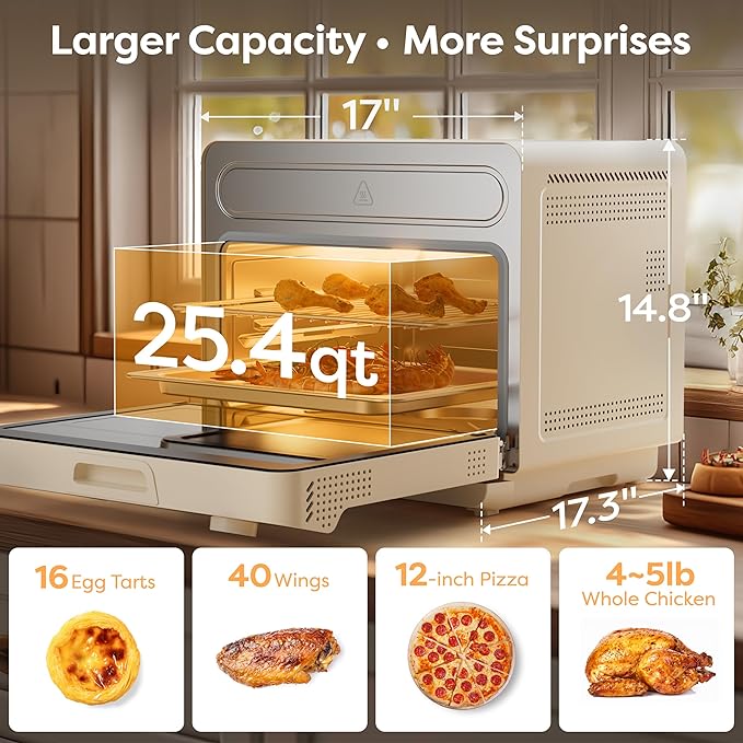 CIARRA 12-in-1 Countertop Steam Oven with Air Fryer, 25.4QT Steam Air Fryer Combo Nosh Oven Pro - Convection Toaster, Bake, Self-Clean, Dehydrate, Ferment, White