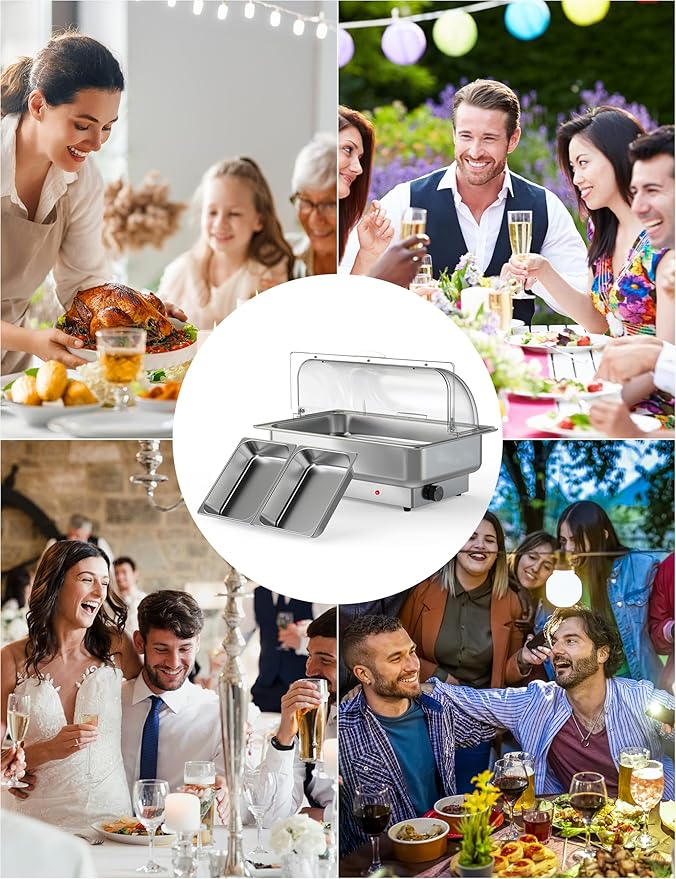 2 Pack Rectangular Chafing Dish Electric Buffet Set,9QT Stainless Steel Food Servers and Warmers with 1 Full-Size Pan & 2 Half-Size Pan for Catering, Wedding and Parties