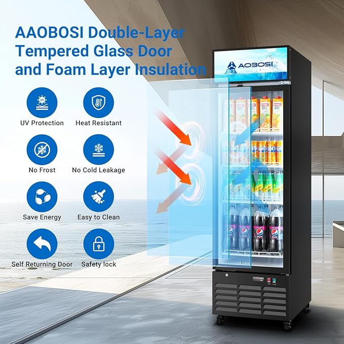 AAOBOSI Commercial Merchandiser Refrigerator,12.2Cu.Ft Glass Door Display Refrigerator,Upright Beverage Cooler Fridge with Soft LED Light, Customizable Lightbox,Universal Casters, Adjustable Shelves