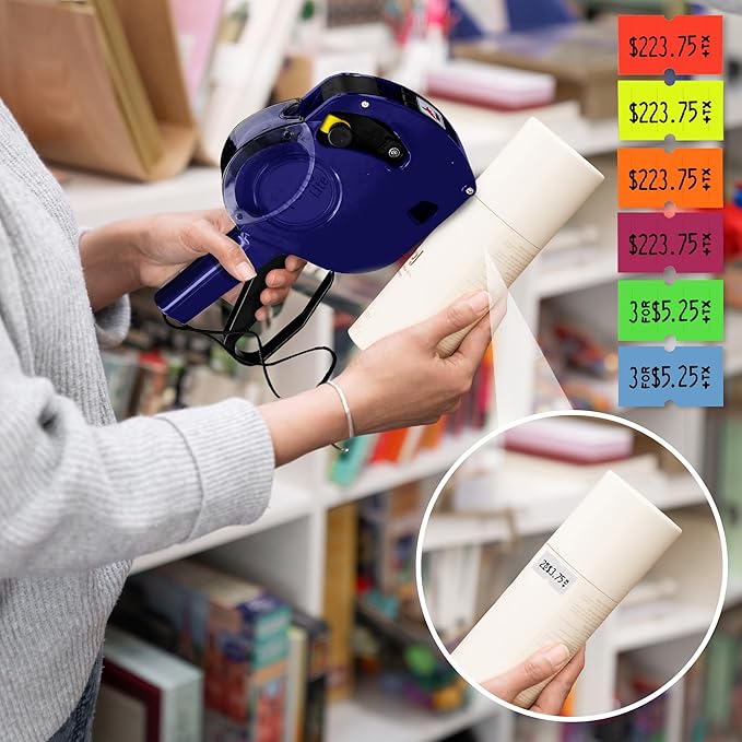 Perco Lite 1 Line Price Gun with Labels Kit - Includes 1 White Roll, 6 Multicolored Rolls, 2 Ink Rollers, 1 Ink roll and Labels Pre-Loaded