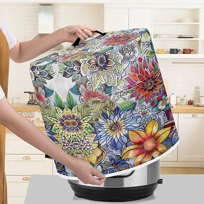 Flashideas Colorful Flowers Pressure Cooker Cover for Women Dust-proof Cover for Rice Cooker Air Fryer Kitchen Appliance Covers with Top Handle and Pocket Home Kitchen Decor Gifts for Friends