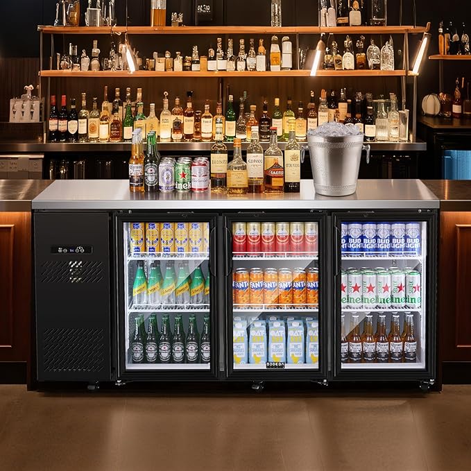 BODEGA BODEGACOOLER Commercial Bar Cooler with 3 Glass Doors, 20.5 Cu.Ft Back Bar Beverage Refrigerator for Beer Soda Wine,LED Lighting With Stainless Steel Top,Casters Kitchen Buffet Table Use