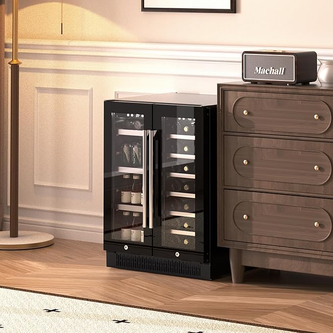 24 Inch Wine and Beverage Refrigerator, Dual Zone Wine and Drink Fridge with Glass Door&Lock for 20 Bottles and 60 Cans, Under Counter Wine Cooler Refrigerator Built-in Counter or Freestanding
