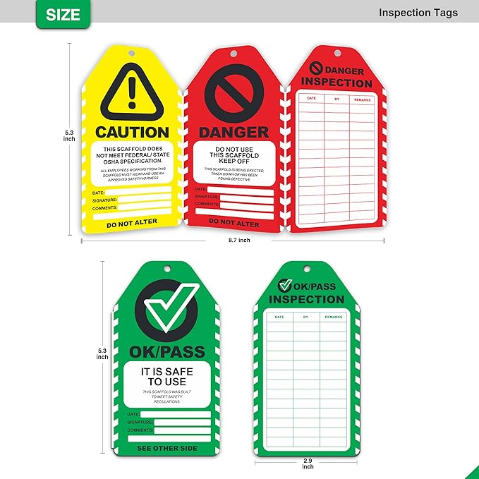 Scaffold Inspection Tags 50 Pack, Performance Never Tear Scaffolding Safety Inspection Tags, Waterproof Scaffold Inspection Tag Outdoor, OSHA Compliant Scaffold Tags Cards Red Yellow Green
