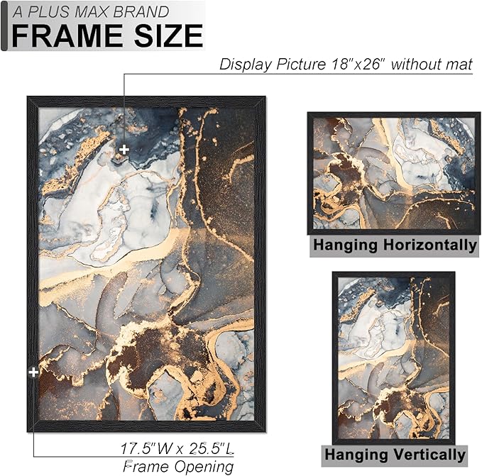 Engineered Wood 18 x 26 Frame Set of 2, Black Picture Frame for 18x26 Inch Poster Puzzle Photo, Light Weight 18by26 Poster Frame with Wood-grain for Wall - 2 Pack/Black/18 x26