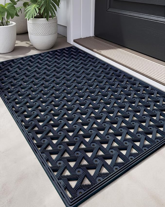 DEXI Front Door Mat Outside Entrance Rubber 19x30, Welcome Floor Doormat Heavy Duty Non Slip, Dirt Trapper Waterproof Exterior Entry Mats All Weather for Patio Entryway Drainage, Blue