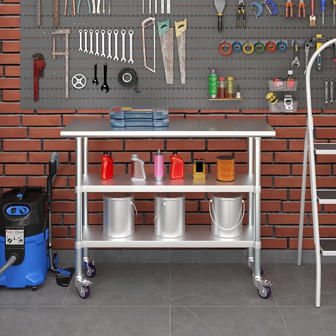 AmGood Stainless Steel Work Table with 2 Shelves and Casters | Metal Utility Table On Wheels (Stainless Steel Work Table with 2 Shelves + Casters, 48" Long x 18" Deep)
