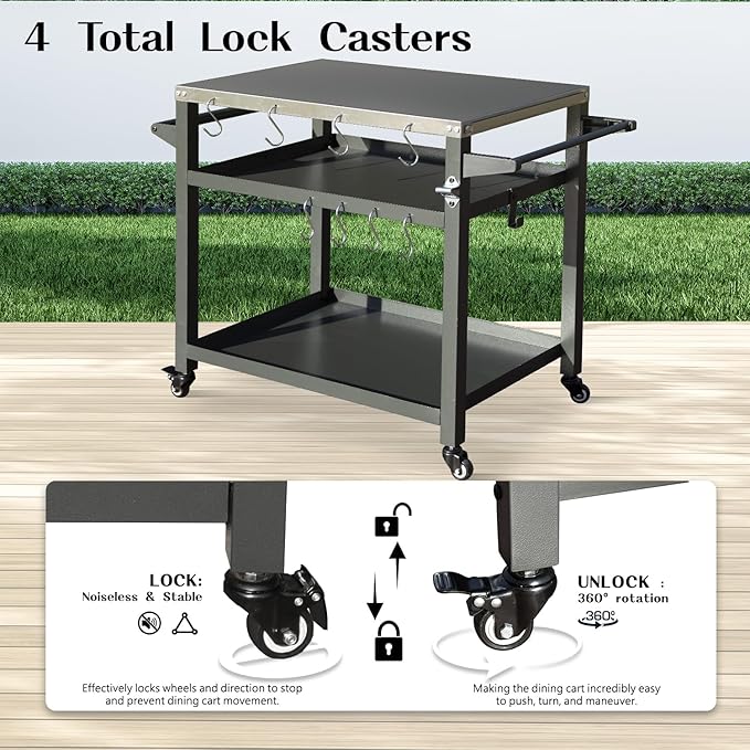 Domi 3-Tier Outdoor BBQ Grill Cart with Lockable Wheels | Portable Pizza Oven Stand & Food Prep Station | Blackstone Griddle with Stainless Steel Tabletop All-Weather Patio Cooking Center