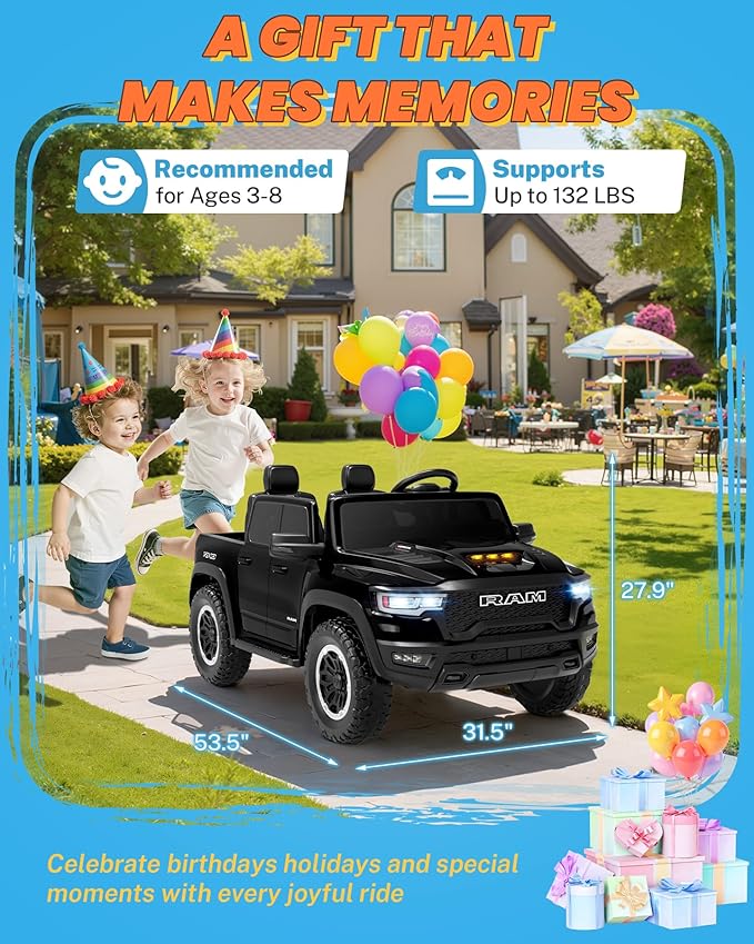 ENYOPRO 24V Ride on Toys for Big Kids, Licensed RAM 1500 RHO 2 Seater Toddlers Ride on Car w/Remote Control, Kids Electric Car w/Truck Bed Storage, Real Tailgate, Music, LED Lights (Black - High Door)