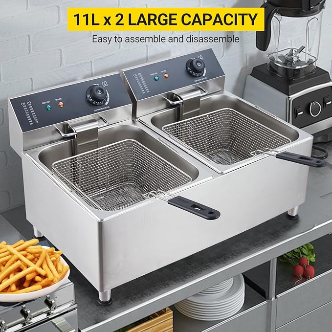 11L Electric Deep Fryer, 1700W Dual Basket Max/Min Oil Mark & Drain Valve, Heavy Duty for Fried Chicken French Fries