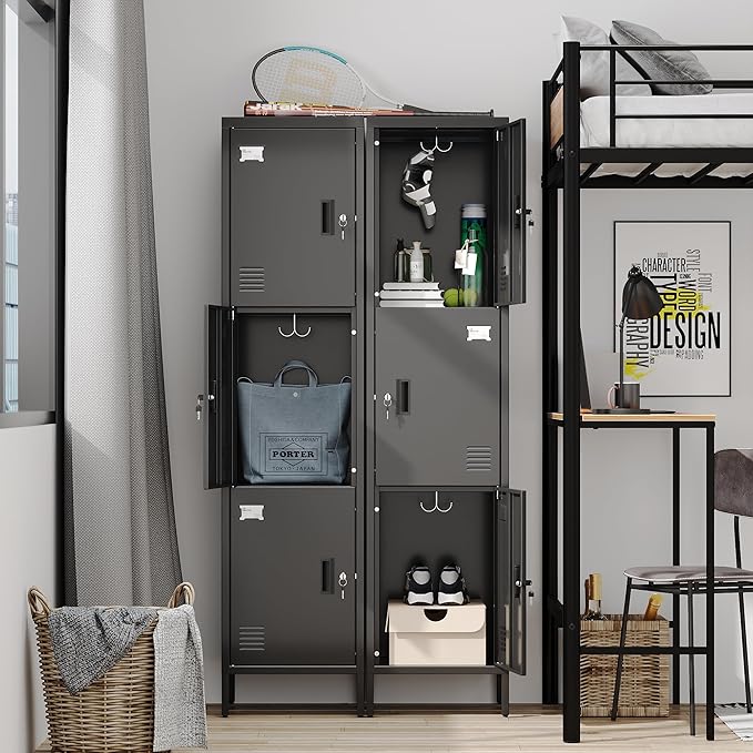 METAN Metal Storage Employees Lockers with 3 Lockable Doors and Hooks,66''H*16''W*16''D Locking Storage Cabinets for Small Spaces,Home,School,Gym,Assembly Required,Black