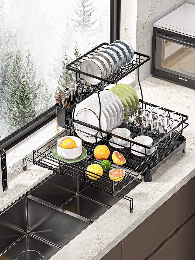MIKEE 2-Tier Dish Drying Rack for Kitchen Counter, Expandable Rustproof Dish Drainer - Over The Sink Dish Drying Rack with 360° Rotating Drain, Kitchen Utensil Holder, Home and Kitchen Organization