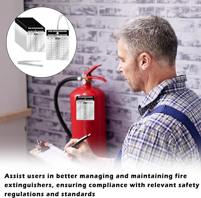 50 Pcs Waterproof Fire Extinguisher Inspection Tags Metal with Wires 2.3 x 3 Inch Durable Metal Fire Tags for Monthly Fire Safety Check Indoor Outdoor Use Weather Resistant Writeable Surface (50)