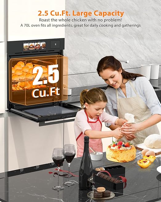 24 Inch Built-in Electric Single Wall Oven, 2.5 Cu.ft Convection Oven with 8 Cooking Functions, 360° Rotating Rotisserie, Advanced TFT Touchscreen