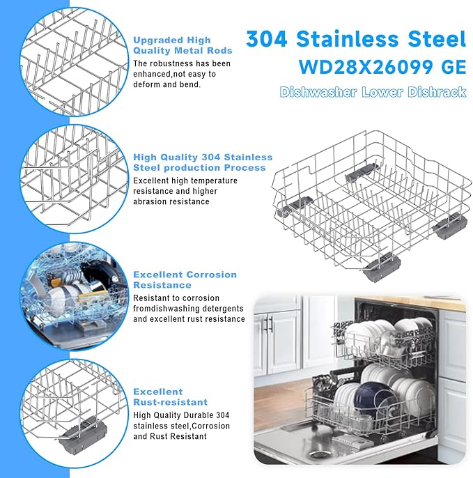 Upgraded WD28X34744 WD28X26099 Dishwasher Lower Rack Compatible with GE Dishwasher Rack Parts,WD28X28918 WD28X22659 WD28X34744 GDF510PSM0SS 304 Stainless Steel GE Dishwasher Bottom Rack with Wheel