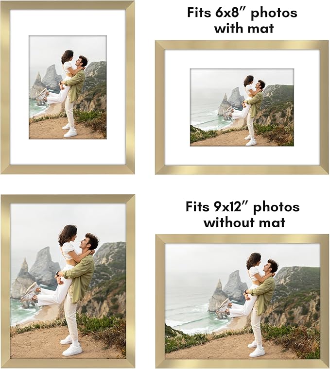 Americanflat 9x12 Picture Frame with Polished Plexiglass - Set of 5 - Use as 6x8 Frame with Mat or Display 9x12 Photo Without Mat - Galleria Collection - Picture Frames for Wall Display - Gold