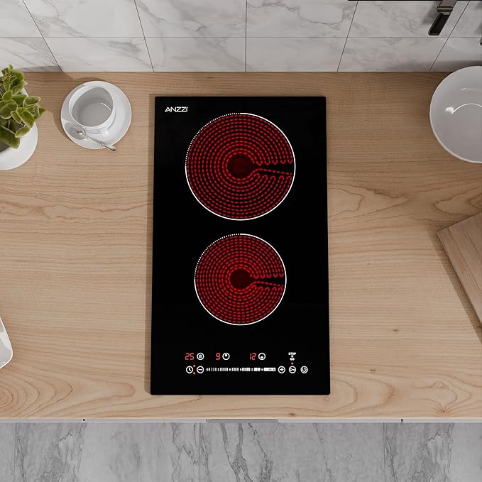 12-In. Electric Cooktop in Black Glass with Dual-Zone Control, Radiant Heating, and Ceramic Hobs for Precision Cooking
