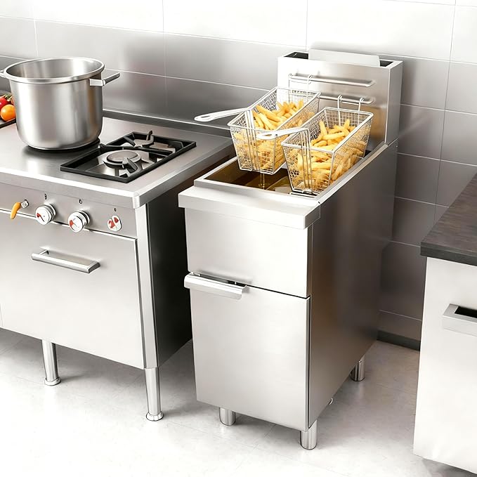 Commercial Deep Fryer, Stainless Steel Gas Floor Fryer for Restaurants, 4-Burner Fryer with 2 Baskets and Adjustable Temperature, Liquid Propane Powered, 50 LBS Capacity, 400°F, 120000 BTU
