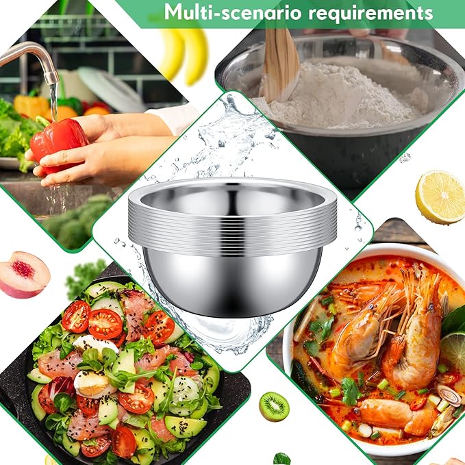 Pinkunn 12 Pcs Stainless Steel Mixing Bowls, Nesting Metal Salad Prep Bowls Bulk Reusable Baking Food Container Large Medium Small for Kitchen Hotel Restaurant Cooking, Silver (12.6 x 4.25 Inch)