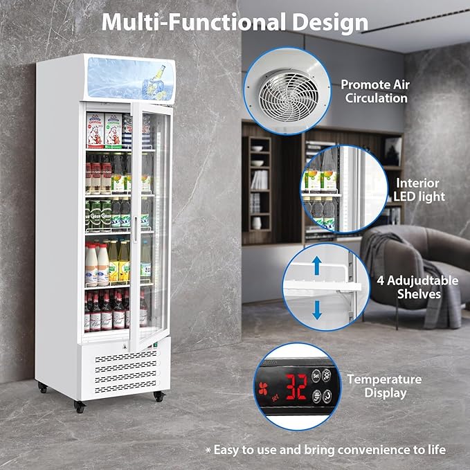 13.4 Cu.Ft Commercial Merchandiser Refrigerator, Commercial Refrigerators With Glass Door and Soft Led Light, Display Refrigerator Upright Fridge With 3 Adjustable Shelves for Shop, Restaurant, White