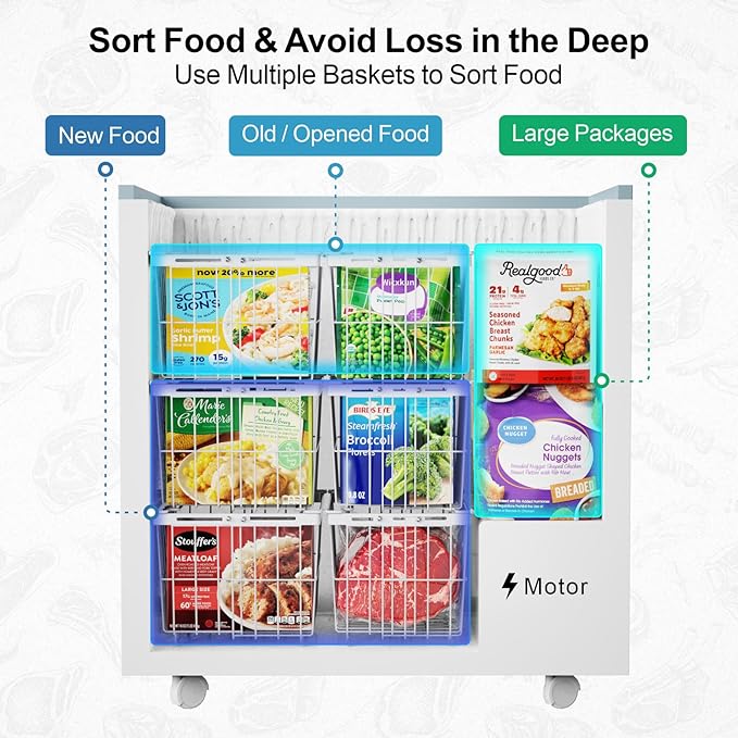 iSPECLE Freezer Organizer Bins - 3 Pack Adjustable Width for 5 to 7 Cu.Ft Chest Freezers, Stackable Freezer Wire Storage Baskets for Deep Freezer Organization, Assembly Required, White