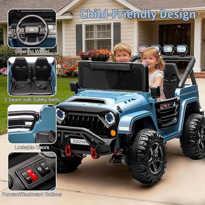 Kids 24v 2-Seater Electric Ride on Car,24v 4x4 Kids Electric Truck with Remote Control,2-Seater Ride-on Car, Spring Suspension & LED Lights for Backyard Exploration