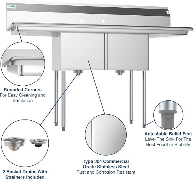KoolMore 2 Compartment Stainless Steel NSF Commercial Kitchen Prep & Utility Sink with 2 Drainboards - Bowl Size 15" x 15" x 12", Silver,SB151512-15B3