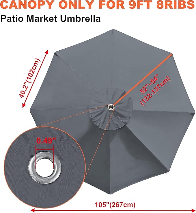 EliteShade USA 9FT Patio Umbrella Replacement Covers 8 Ribs Market Umbrella Canopy Cover (CANOPY ONLY) (Grey)