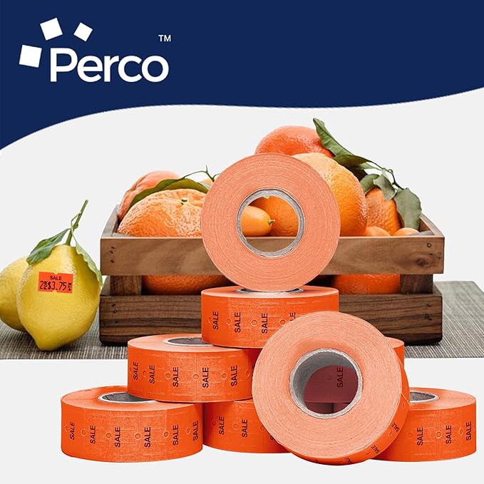 Perco 1 Line Fluorescent Red Sale Labels - 8 Rolls, 1 Sleeve, 8,000 Blank Price and Date Gun Labels for Perco 1 Line Price and Date Guns - Made in USA