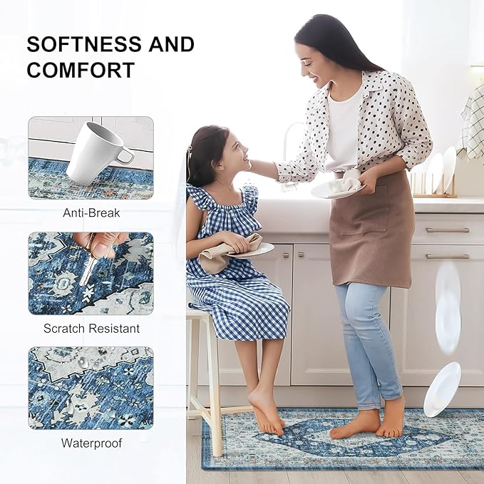 Collive Boho Kitchen Rugs Set of 2 Non Skid Kitchen Mats for Floor Cushioned Anti Fatigue Kitchen Floor Mats Waterproof Comfort Heavy Duty Foam Mats for Standing Desk Sink Laundry, 17"x30"+17"x59"