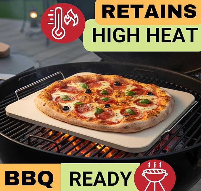 Pizza Stone for Oven and Grill Set - 5PCS Pizza Making Accessories Kit - 15 inch Pizza Stone with Handles, Pizza Peel, Pizza Cutter, Dough Tool - Baking Stone for Bread - Large Rectangular Oven Stones